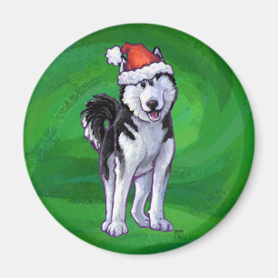 Festive Husky in Santa Hat op Green Magneet