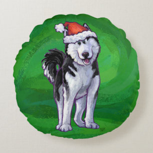 Festive Husky in Santa Hat op Green Rond Kussen