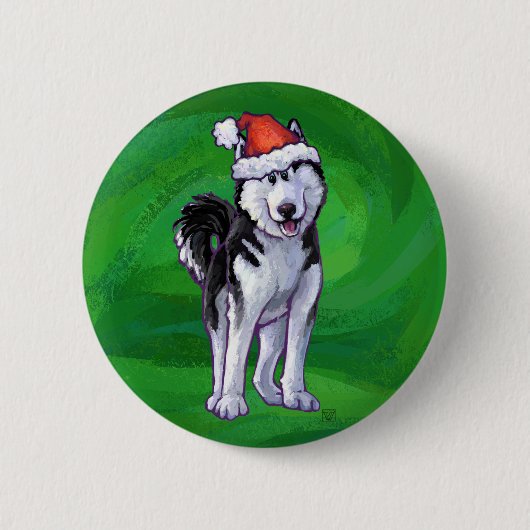 Festive Husky in Santa Hat op Green Ronde Button 5,7 Cm (Voorkant)