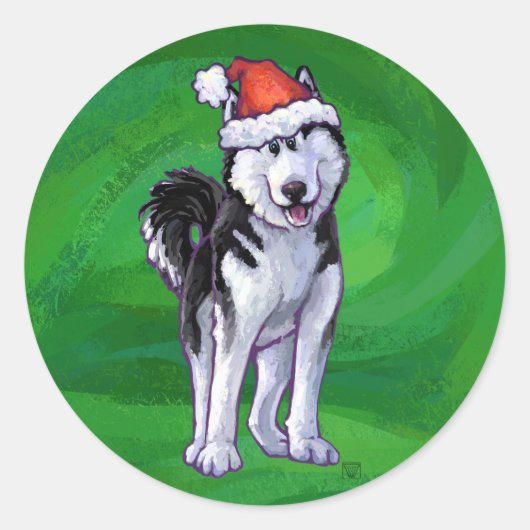 Festive Husky in Santa Hat op Green Ronde Sticker (Voorkant)