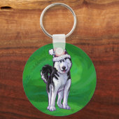 Festive Husky in Santa Hat op Green Sleutelhanger (Voorkant)