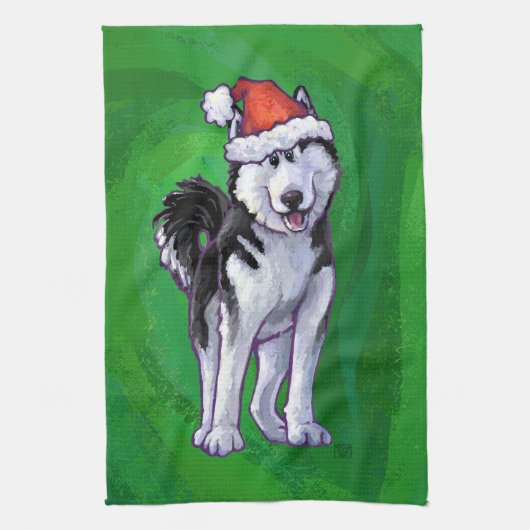 Festive Husky in Santa Hat op Green Theedoek (Verticaal)