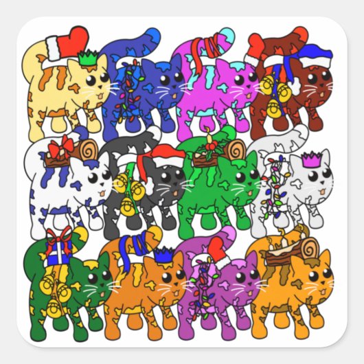 Festive Jolly Meowy kerstkatten Vierkante Sticker (Voorkant)
