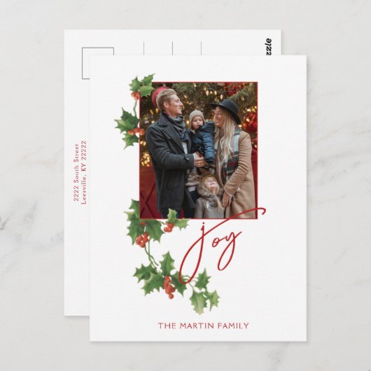 Festive Joy Calligraphy Script, Holly & Photo Briefkaart (Voorkant / Achterkant)