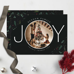 Festive JOY Christmas Leaves Berries Photo Holiday Feestdagenkaart