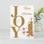 Festive Joy Gold Candle Red Berries Merry Christma Feestdagenkaart (Staand voorkant)