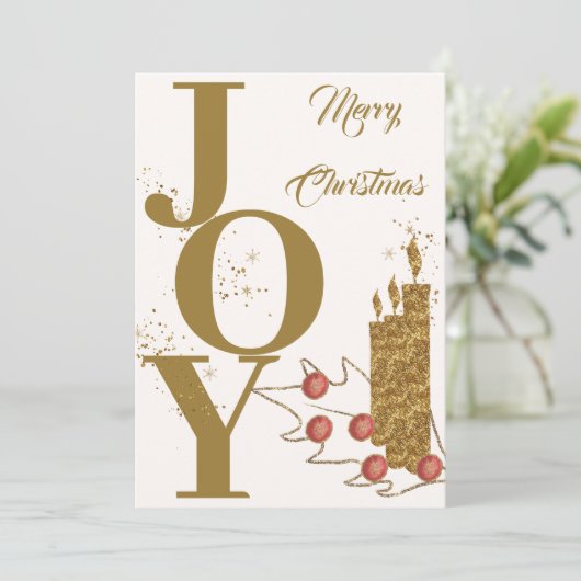 Festive Joy Gold Candle Red Berries Merry Christma Feestdagenkaart (Staand voorkant)