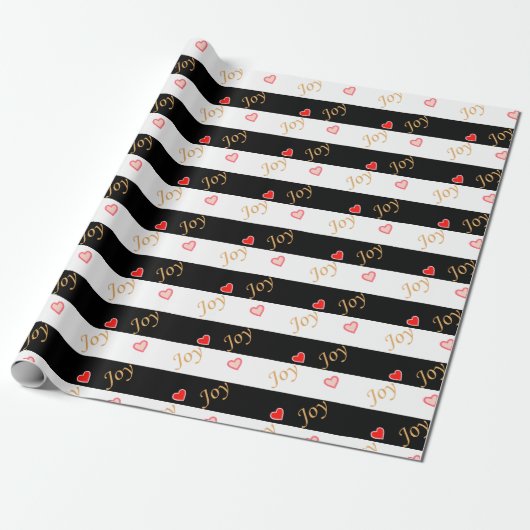 Festive Joy Heart Pattern op Striped Black & White Cadeaupapier (Uitgerold)
