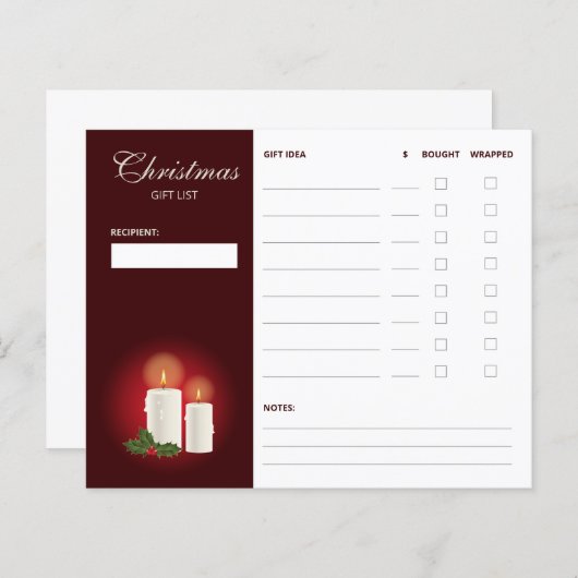 Festive-kaarsen op de rode kerstcadeaulijst (Voorkant / Achterkant)