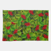 Festive kerst Green Holly laat rode bessen Theedoek (Horizontaal)