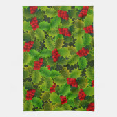 Festive kerst Green Holly laat rode bessen Theedoek (Verticaal)