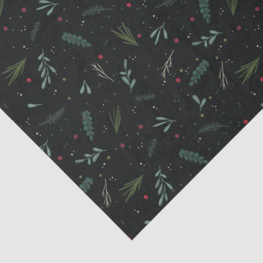 Festive kerstbladeren Berries Botanisch Zwart Tissuepapier (Detail)