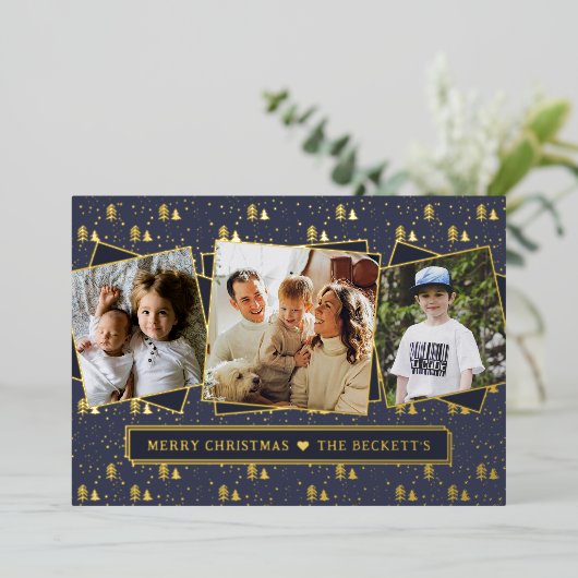 Festive kerstbomen 3 Foto-collage Real Folie Feestdagenkaart (Staand Voorkant)