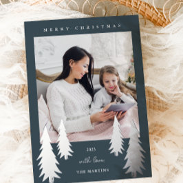 Festive kerstbomen Twee foto blauw Folie Feestdagenkaart