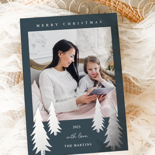 Festive kerstbomen Twee foto blauw Folie Feestdagenkaart