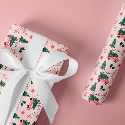 Festive kerstboom Roze  Retro Van Cadeaupapier
