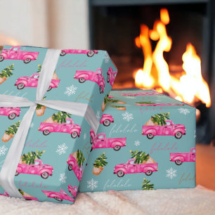 Festive kerstboomroze waterverf truck cadeaupapier