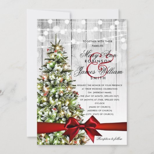 Festive kerstbruiloft - lichten en rood lintje kaart (Voorkant)