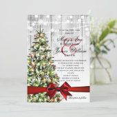 Festive kerstbruiloft - lichten en rood lintje kaart (Staand voorkant)