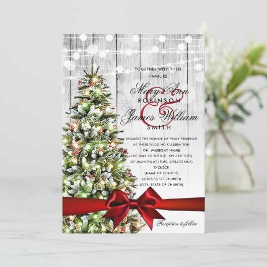 Festive kerstbruiloft - lichten en rood lintje kaart (Staand voorkant)