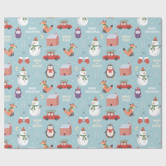 Festive kerstCartoon Fox Snowman Car Penguin Cadeaupapier (Vlak)