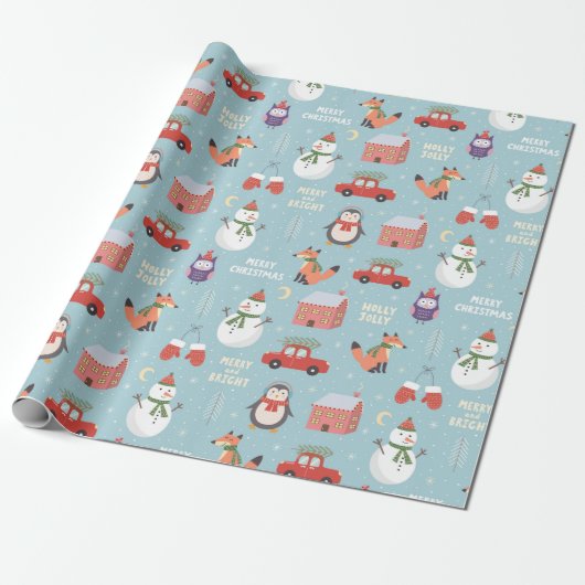 Festive kerstCartoon Fox Snowman Car Penguin Cadeaupapier (Uitgerold)
