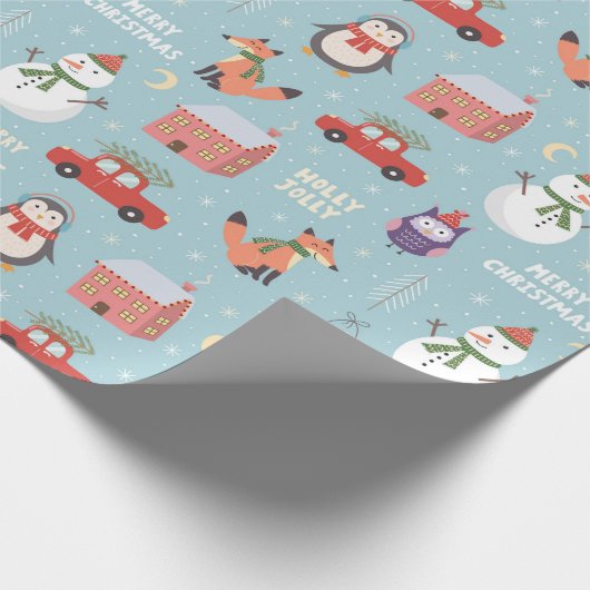 Festive kerstCartoon Fox Snowman Car Penguin Cadeaupapier (Hoek)