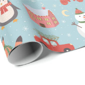 Festive kerstCartoon Fox Snowman Car Penguin Cadeaupapier (Rol Hoek)
