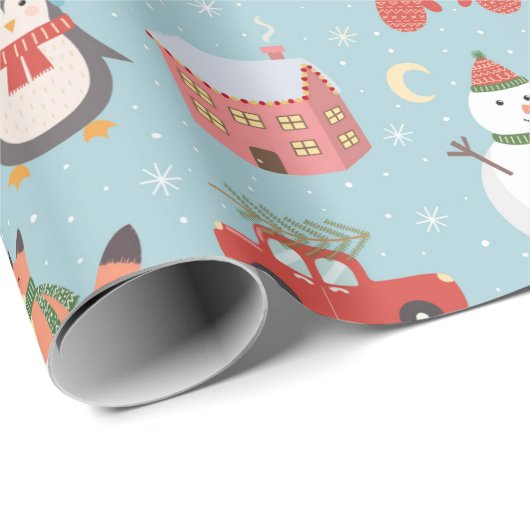 Festive kerstCartoon Fox Snowman Car Penguin Cadeaupapier (Rol Hoek)