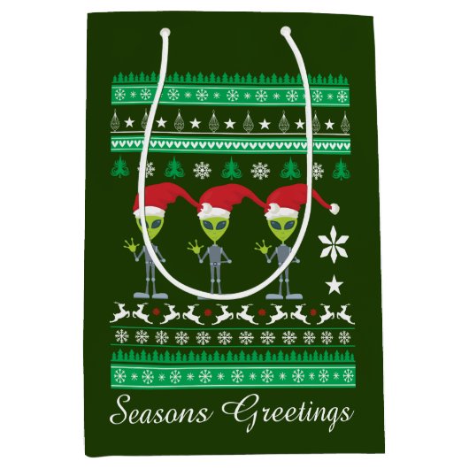 Festive kerstfeestaliens medium cadeauzakje (Voorkant)