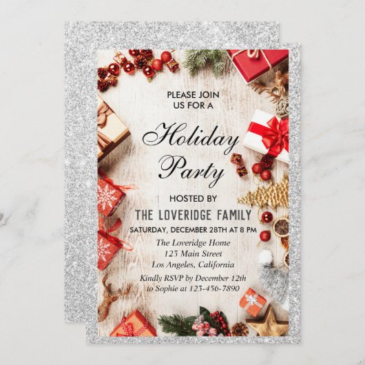 Festive kerstfeestdag Silver Glitter Kaart (Voorkant / Achterkant)