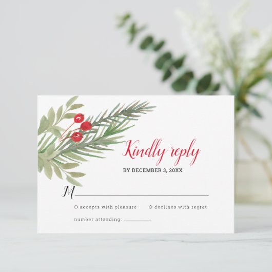 Festive kerstgrenery Wedding RSVP Kaartje (Staand voorkant)