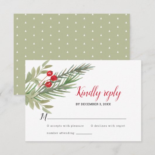 Festive kerstgrenery Wedding RSVP Kaartje (Voorkant / Achterkant)