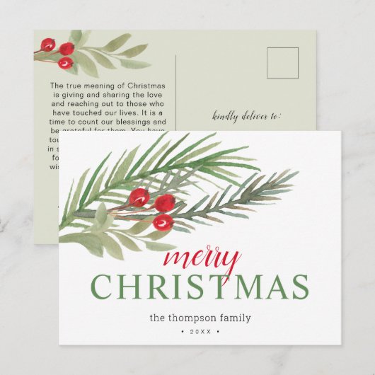 Festive kerstgroen feestdagenkaart (Voorkant / Achterkant)