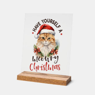 Festive kerstkat houdt van woordkunst acryl bord