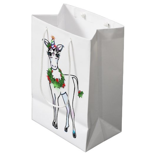 Festive kerstkleurige Unicorn tekening Medium Cadeauzakje (Voorkant Gekanteld)
