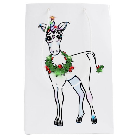 Festive kerstkleurige Unicorn tekening Medium Cadeauzakje (Voorkant)