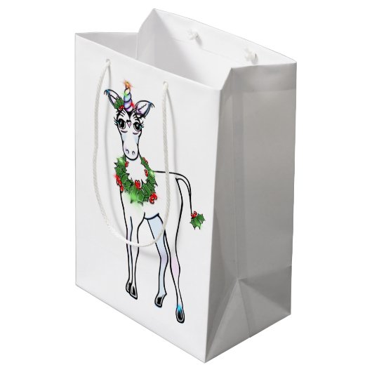 Festive kerstkleurige Unicorn tekening Medium Cadeauzakje (Achterkant Gekanteld)