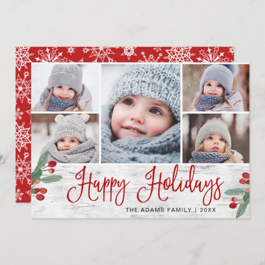 Festive Kerstmis Holly Berry Rustic 5 FOTO Feestdagenkaart (Voorkant / Achterkant)