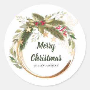 Festive Kerstmis met Greenery Familienaam Ronde Sticker