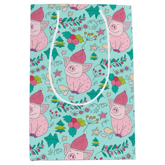 Festive kerstmis-pigs Medium Gift-tas Cadeauzakje (Voorkant)