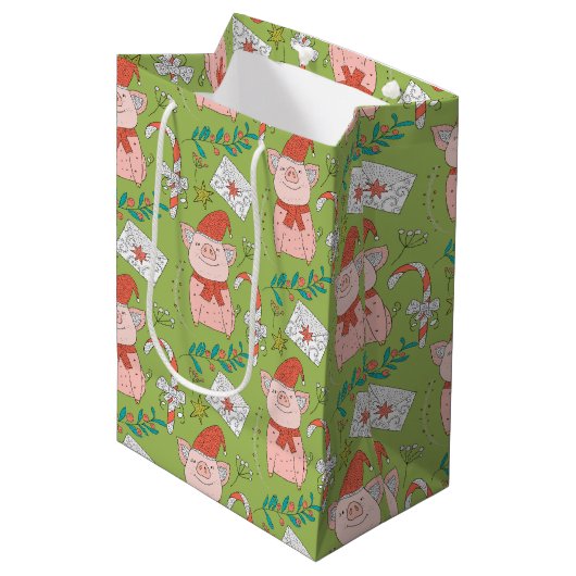 Festive kerstmis-pigs Medium Gift-tas Medium Cadeauzakje (Voorkant Gekanteld)