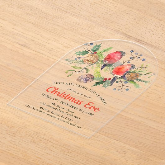 Festive Kerstmis Waterverf Bullfinch Floral Acryl Uitnodigingen (Laagn)