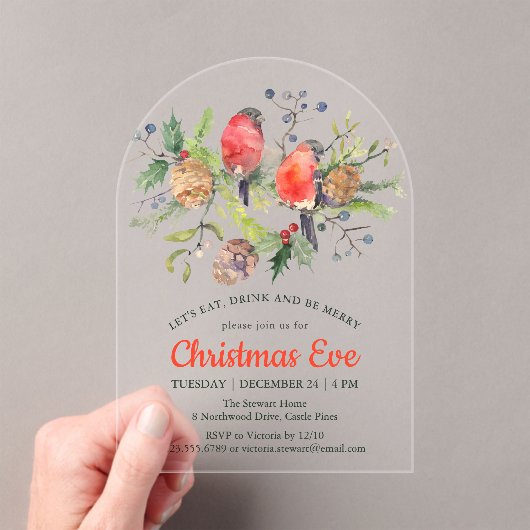 Festive Kerstmis Waterverf Bullfinch Floral Acryl Uitnodigingen (Insitu (Draagbaar))