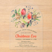 Festive Kerstmis Waterverf Bullfinch Floral Acryl Uitnodigingen (Voorkant)