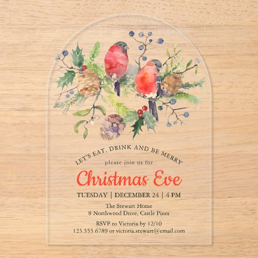 Festive Kerstmis Waterverf Bullfinch Floral Acryl Uitnodigingen (Voorkant)