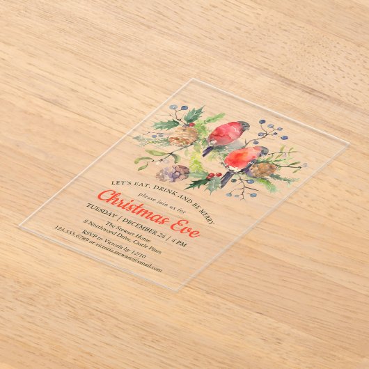 Festive Kerstmis Waterverf Bullfinch Floral Acryl Uitnodigingen (Laagn)
