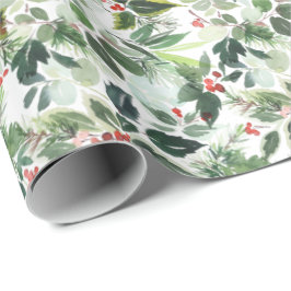 Festive Kerstmis Waterverf Foliage Holly Berry Cadeaupapier