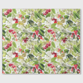 Festive Kerstmis Waterverf Foliage Holly Berry Cadeaupapier (Vlak)