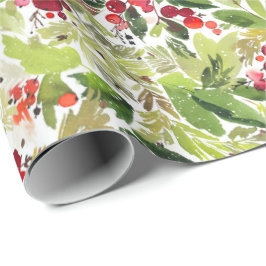 Festive Kerstmis Waterverf Foliage Holly Berry Cadeaupapier